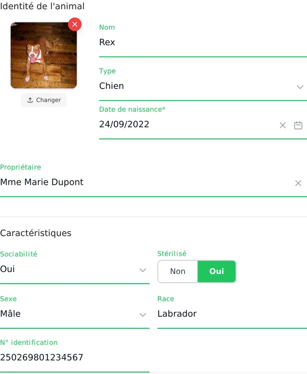 La fiche d'un animal : identité, caractéristiques, numéro d'identification et vaccinations propres à l'espèce.