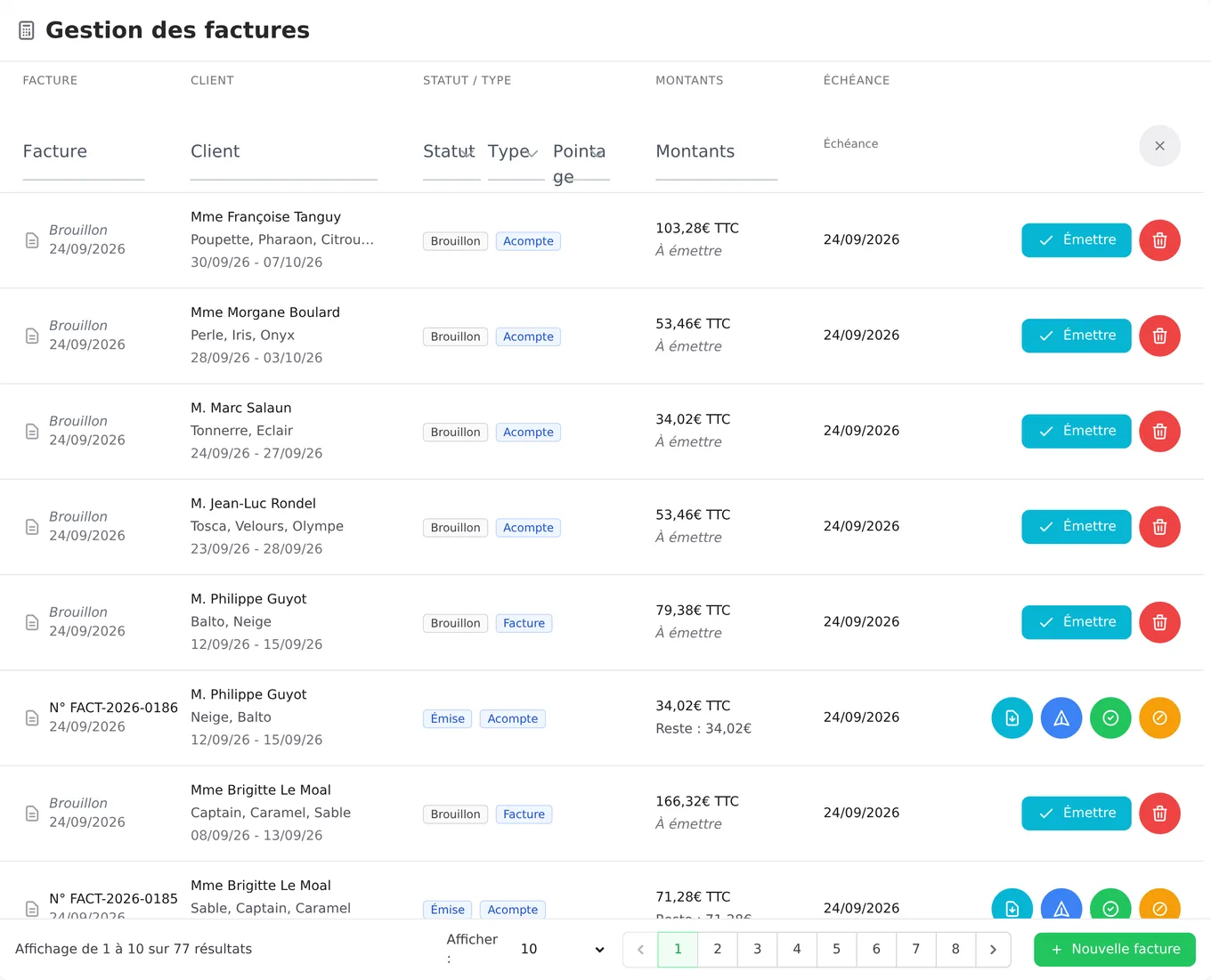 La liste des factures : acomptes, factures finales et avoirs avec leur statut et leur reste dû.
