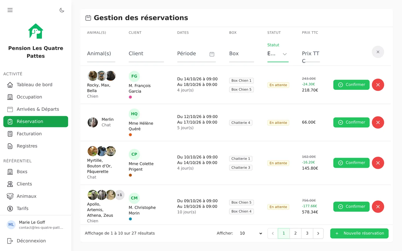 Une page type de Pet-Keeper : le menu latéral, la liste et ses actions.